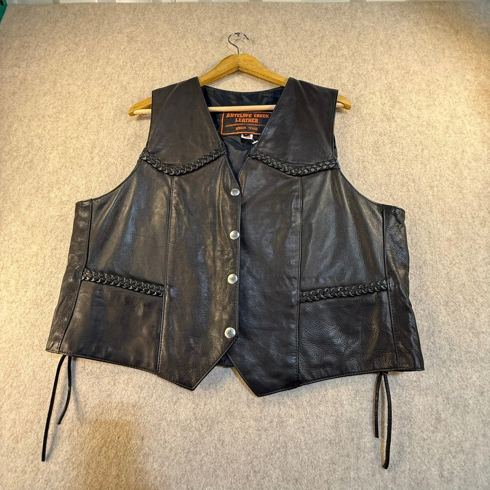 Antelope Creek Leather Mens Black Biker Vest Braided Trim Side Lace Large USA